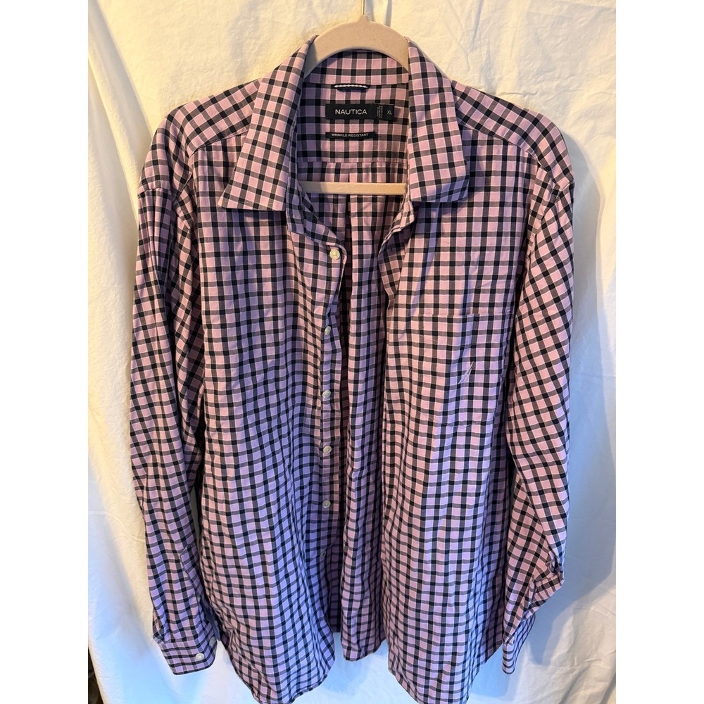 Nautica Mens XL‎ Long Sleeve Button Down Shirt Purple Black Gingham Plaid Cotton